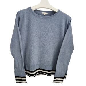 LISA TODD Blue Striped Trim Cotton Cashmere Sweater s